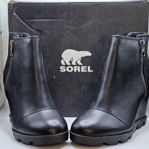 NIB Women's Sorel‎ Joan Uptown Zip Bootie Wedge Black/Sea Salt  Size 7.5
